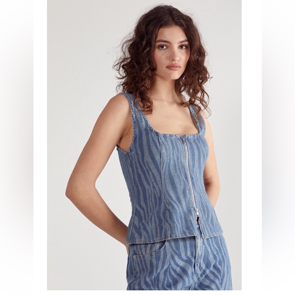 Nasty Gal Zebra Blue Denim Zip-Up Corset Top